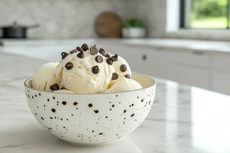 A scoop of smooth ice cream in a ceramic bowl, topped with chocolate chips and placed on a marble countertop in a modern kitchen.