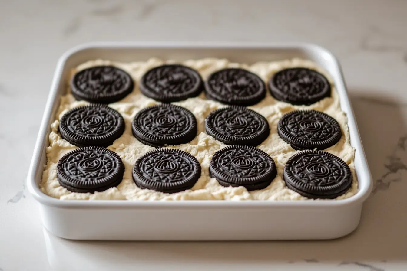 Oreo cookies arranged on a layer of cookie dough