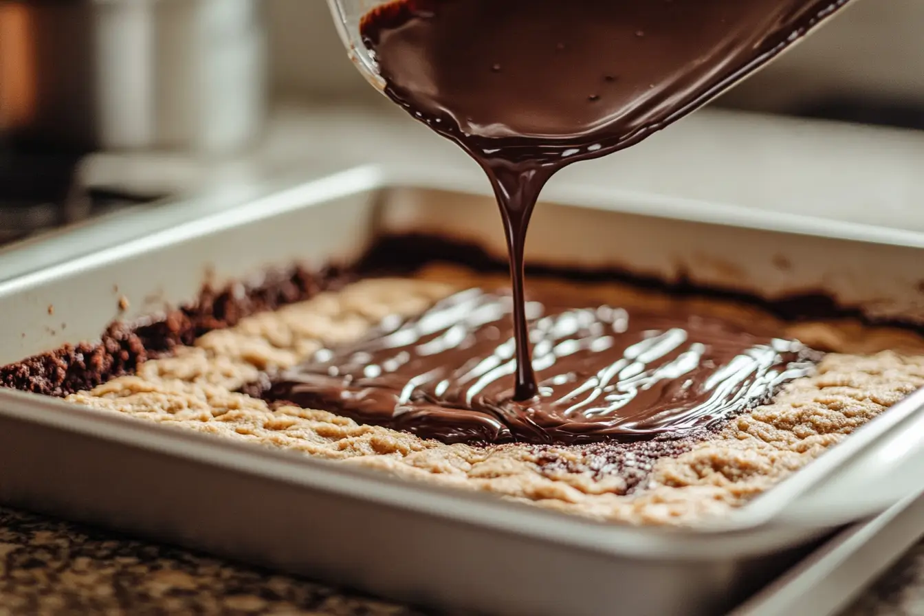 Brownie batter being poured over cookie dough