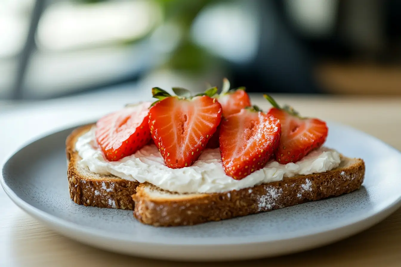 Toast topped with light cream cheese and fresh strawberries