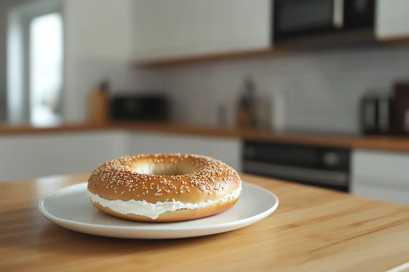 A bagel lightly spread with cream cheese, placed