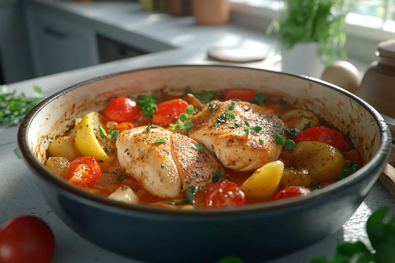 Mediterranean-style fish and chicken casserole with herbs and olives