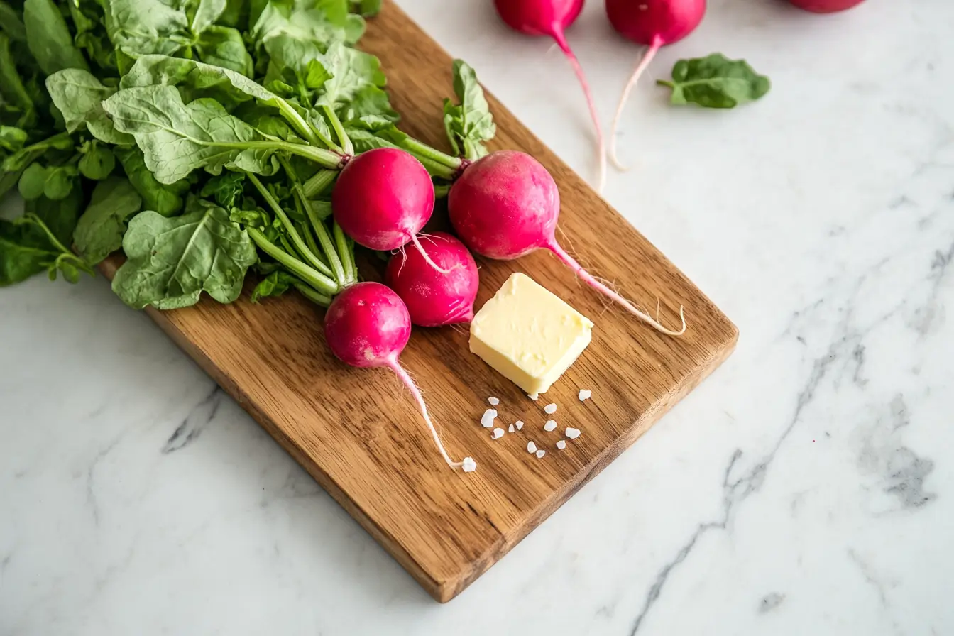 Fresh radishes with salted butter and a sprinkle of sea salt