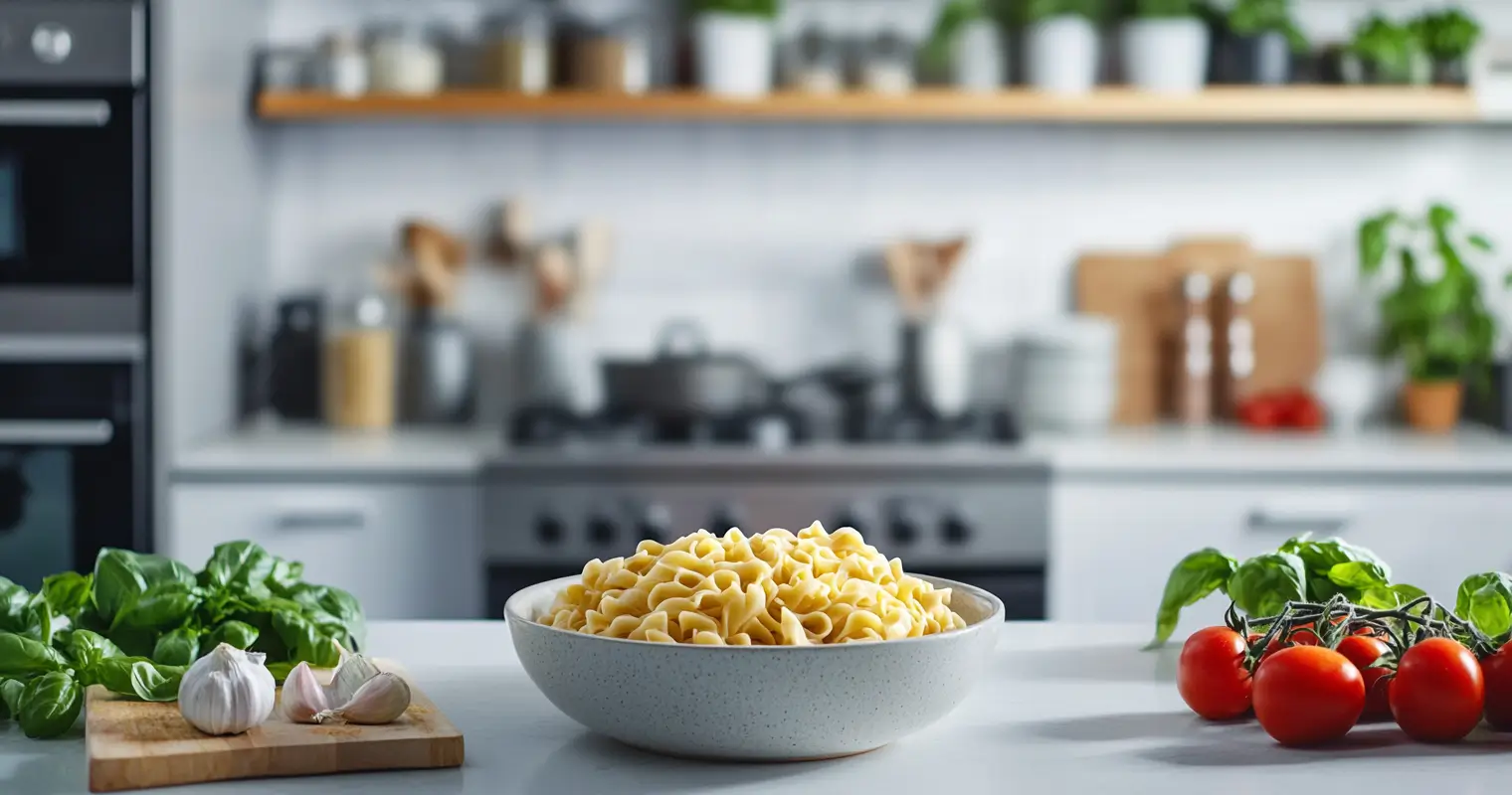  A modern kitchen with Strozzapreti pasta prepared on the counter