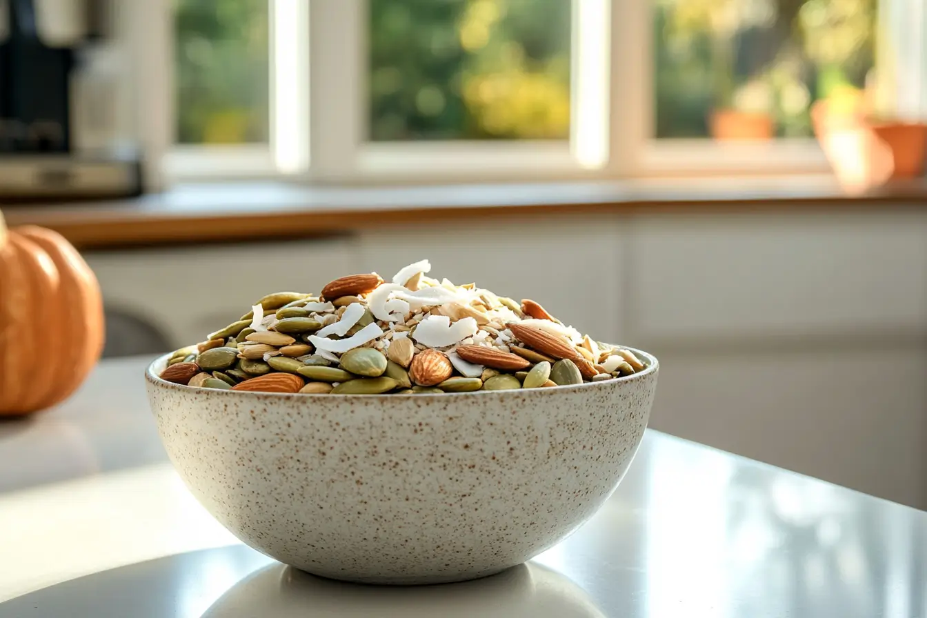 A bowl of sunflower and pumpkin seeds with a sprinkle of shredded coconut