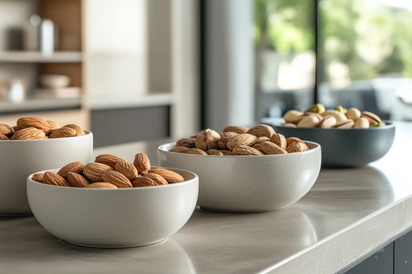 An assortment of nuts for praline topping displayed in small ceramic bowls