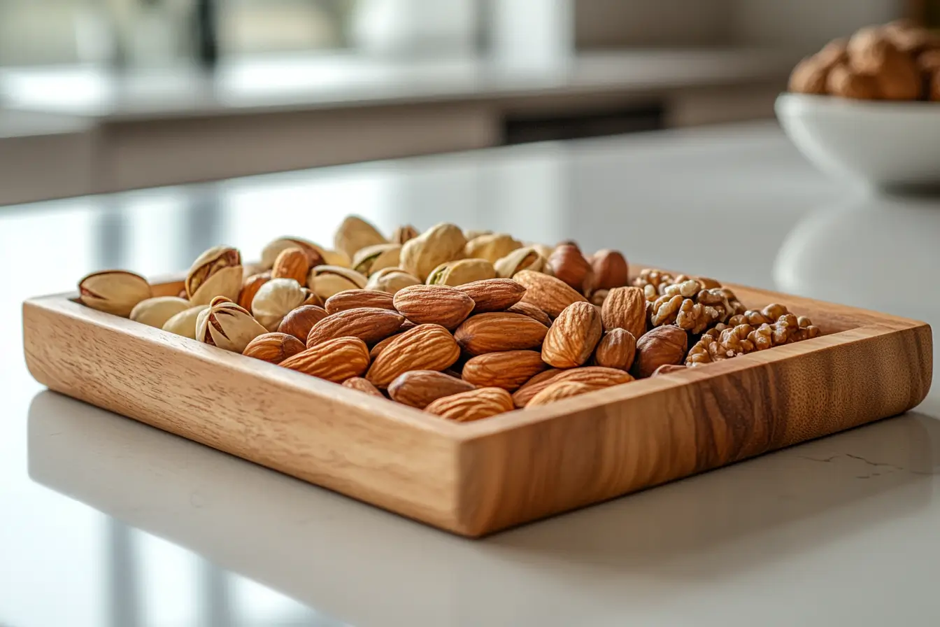 A wooden tray holding different nuts like pecans, almonds, and pistachios