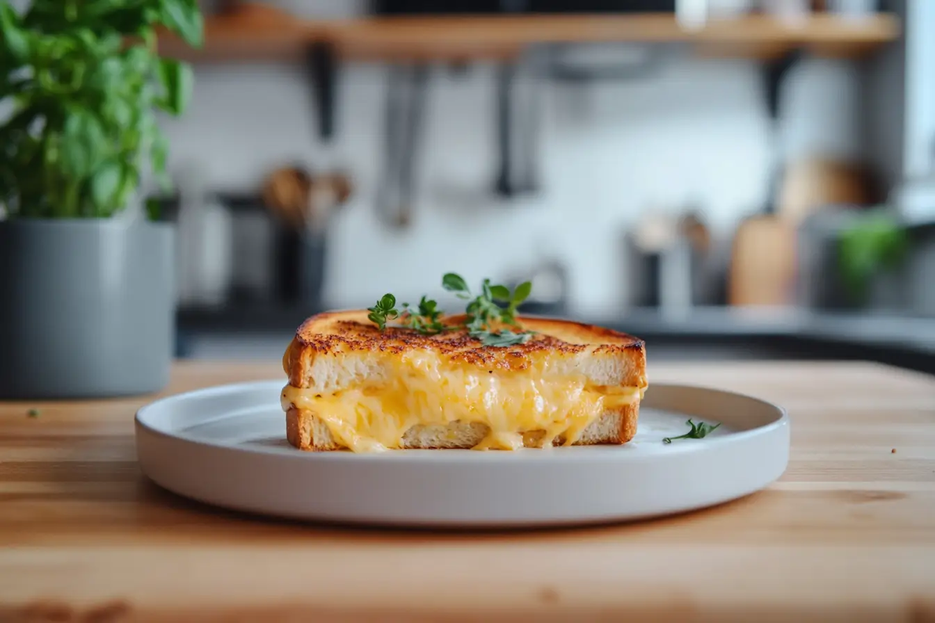 A grilled cheese sandwich with Pepper Jack cheese, golden brown and oozing melted cheese.