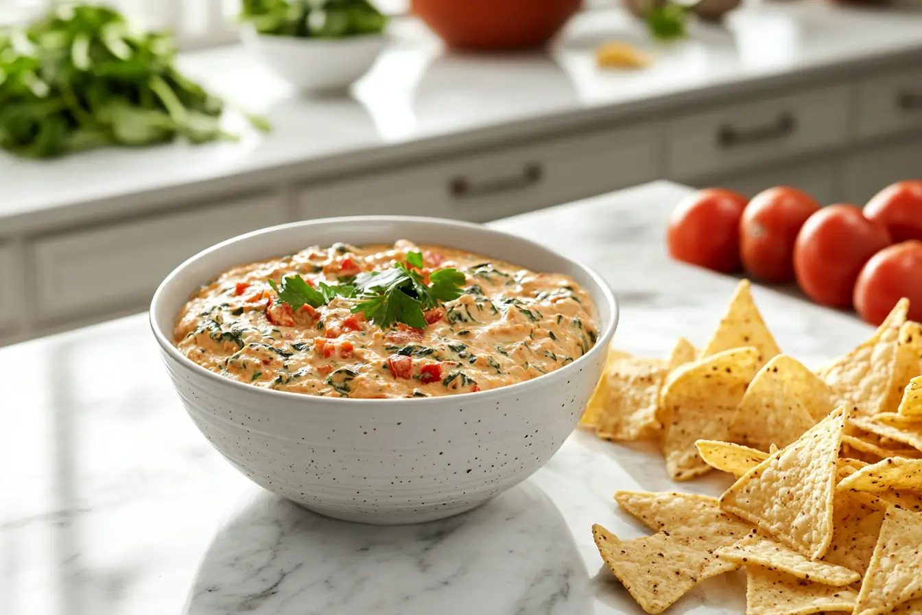 A bowl of creamy spinach and Pepper Jack cheese dip