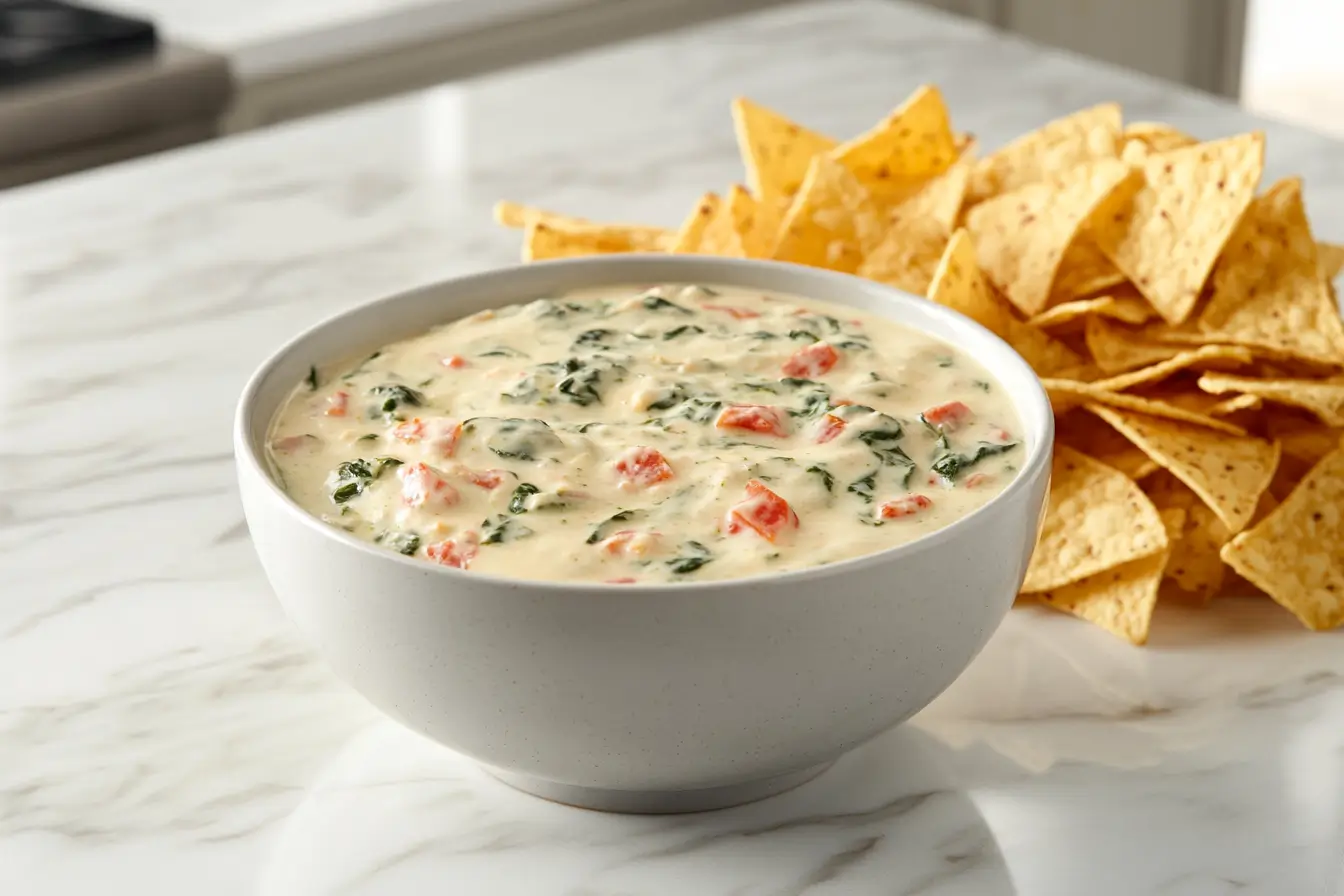 A bowl of creamy spinach and Pepper Jack cheese dip with tortilla chips 