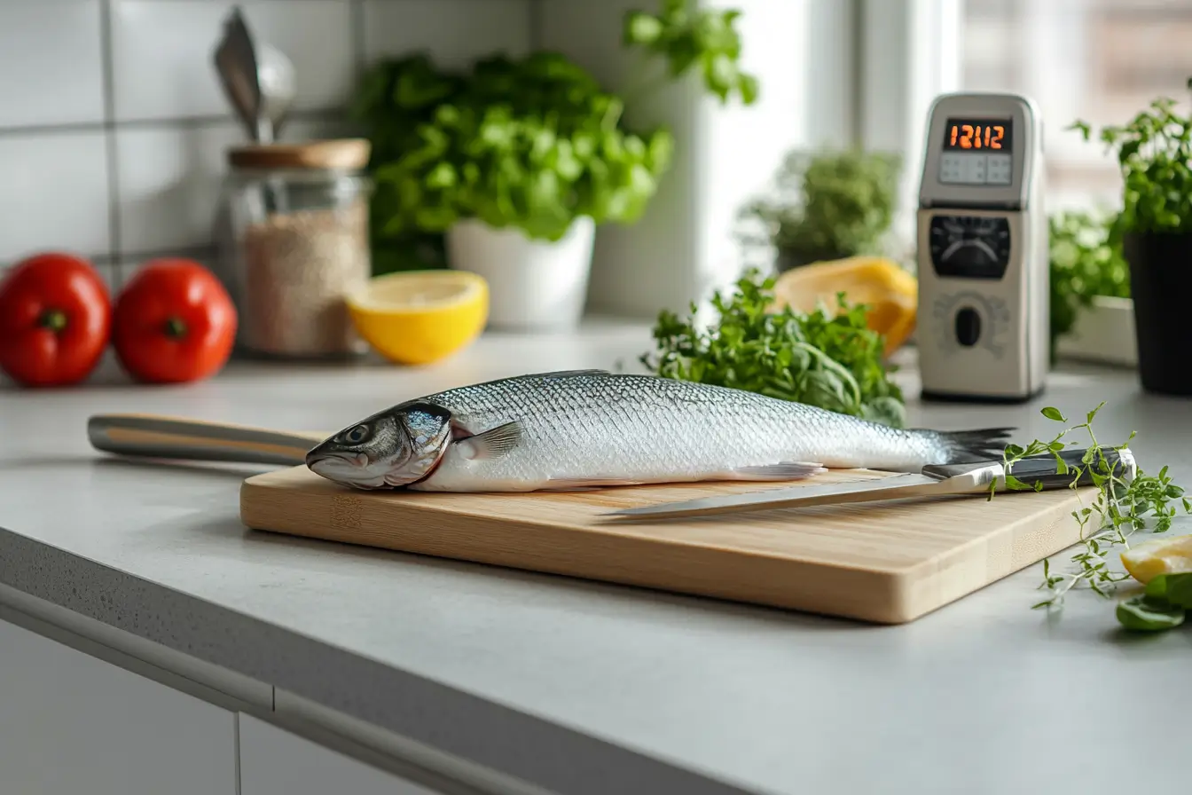 Modern kitchen workstation with fresh fish, knife, and meat thermometer.