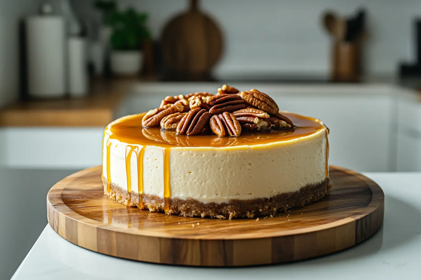 No-bake praline cheesecake garnished with caramel and pecans