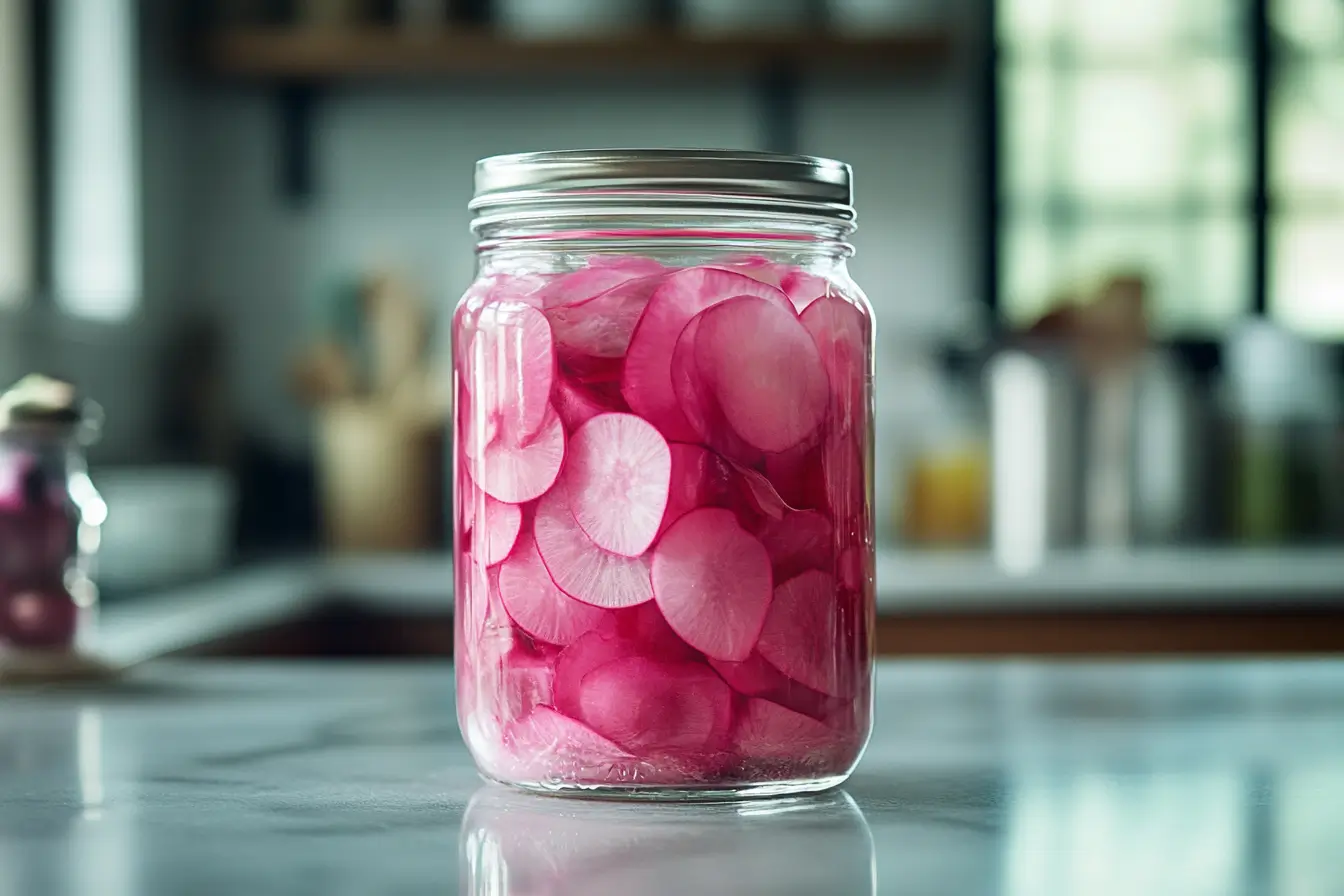 Pickled radishes in a glass jar placed