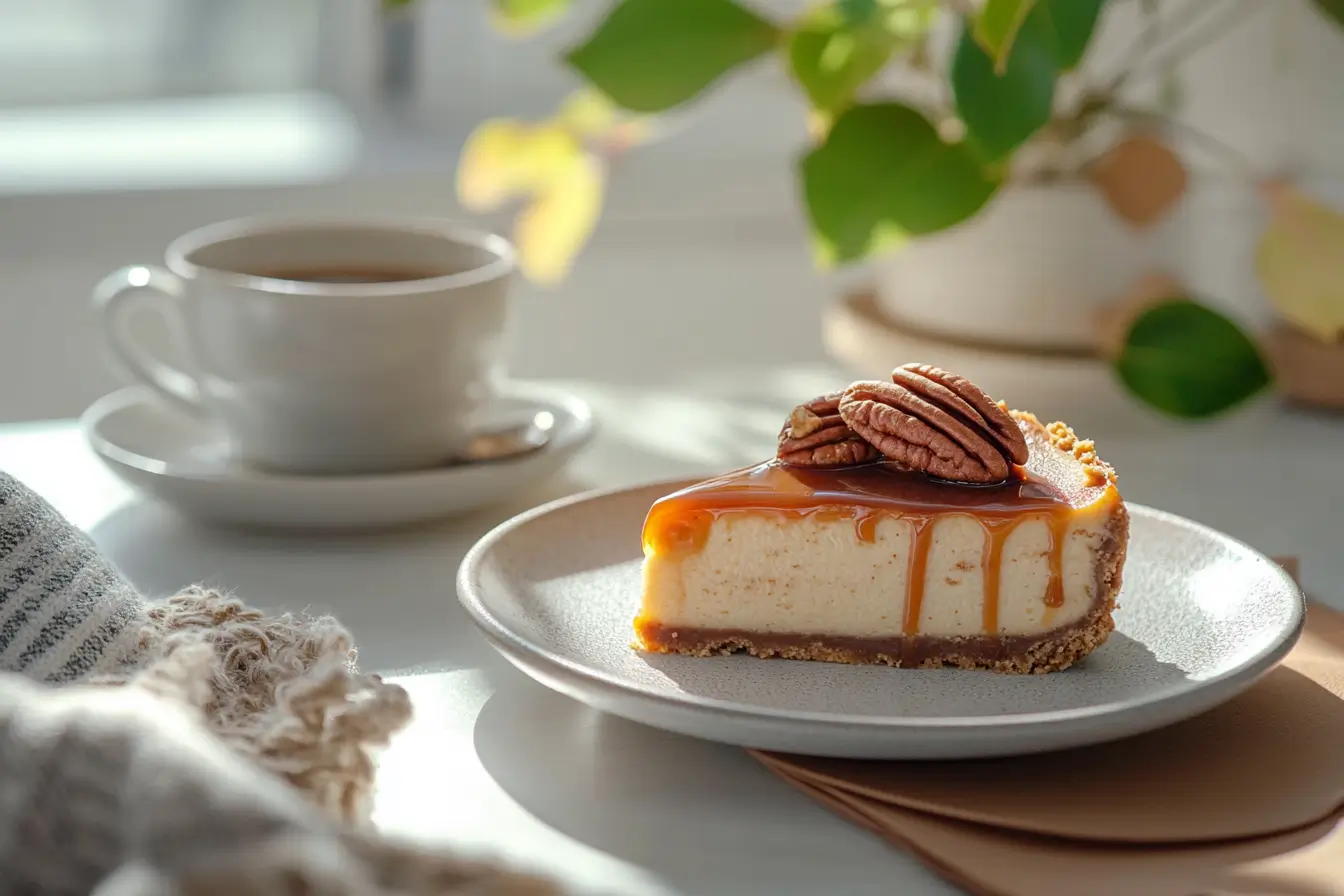 A slice of gluten-free praline cheesecake served with caramel drizzle and pecan garnish