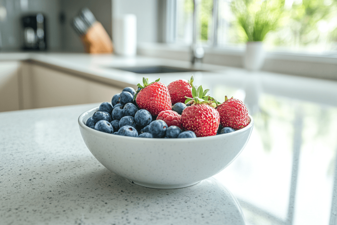 Minimalist kitchen counter with retro-inspired elements and a bowl of berries