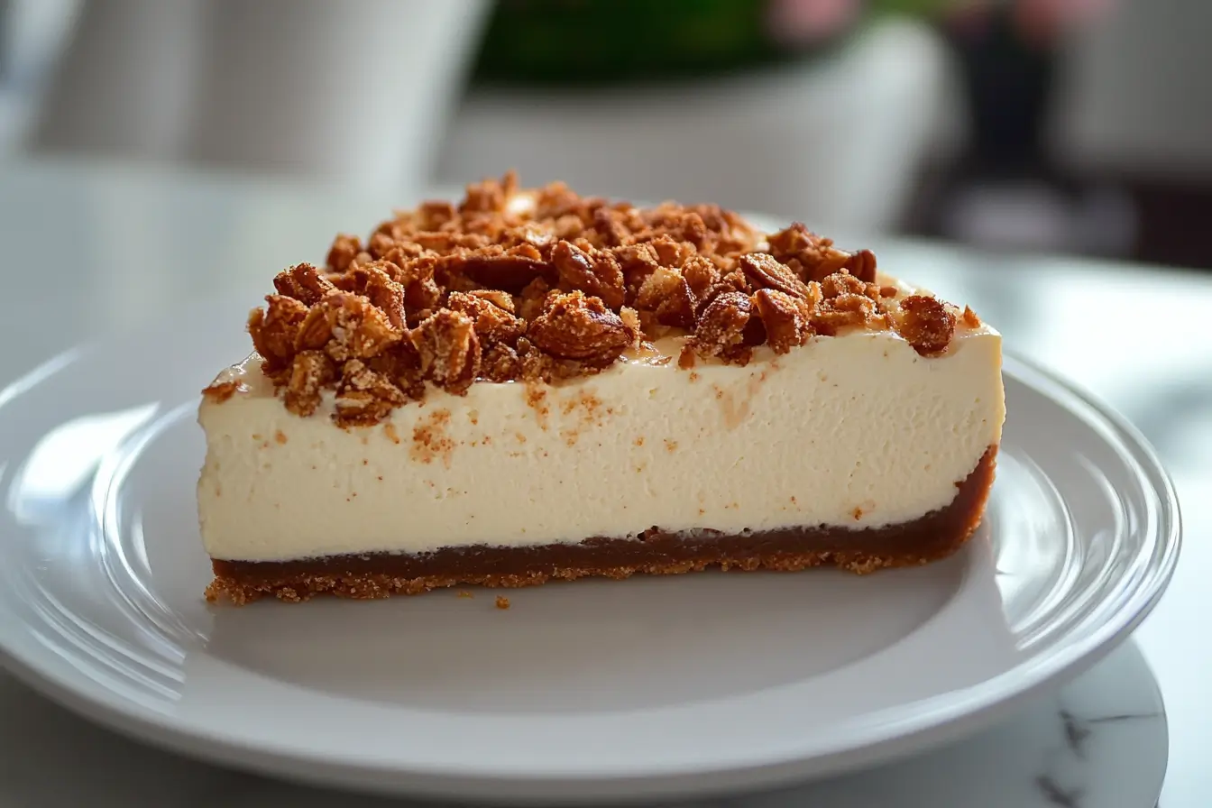 A slice of cheesecake topped with praline