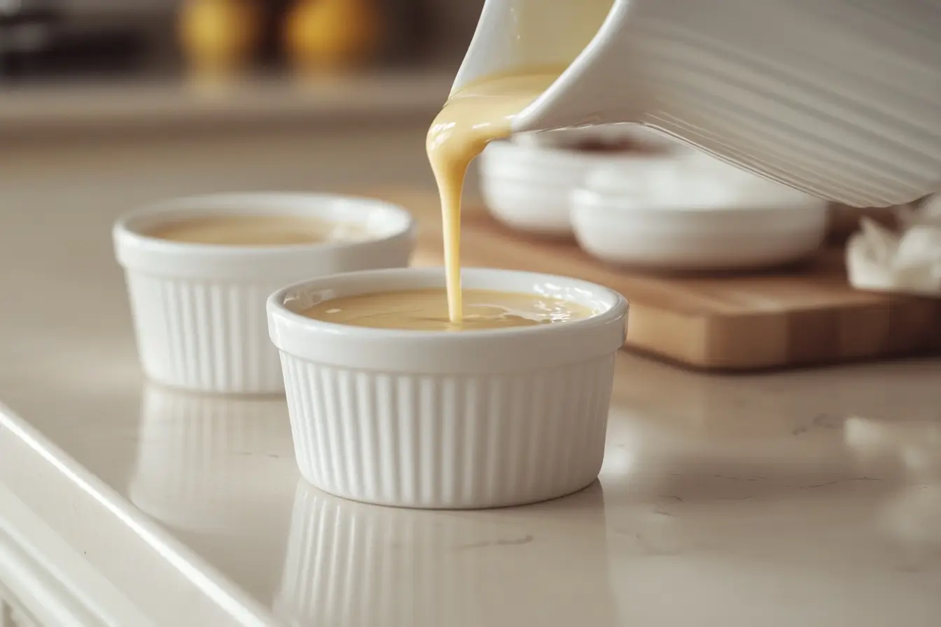  Custard being poured into ramekins for crème brûlée.