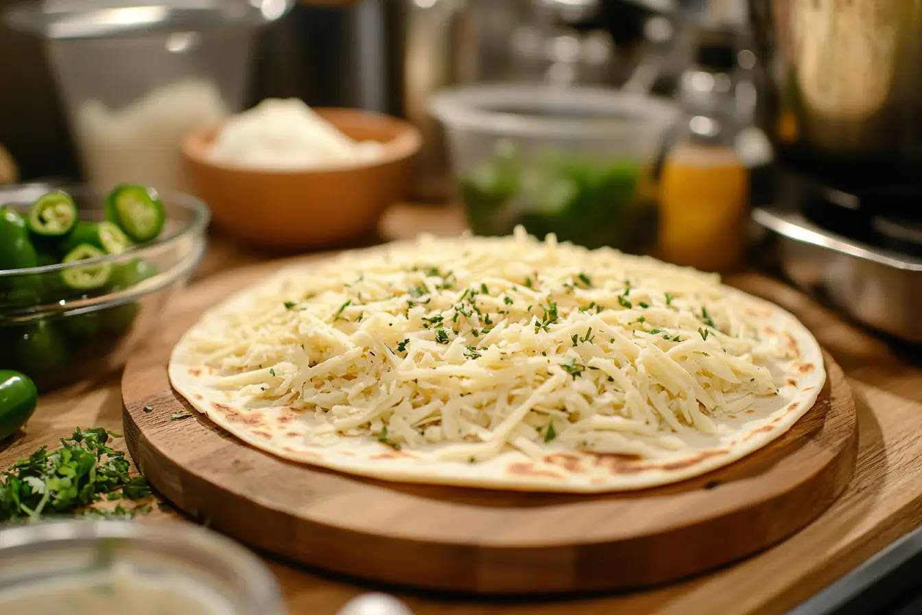 A quesadilla being filled with shredded Monterey Jack and Pepper Jack cheeses