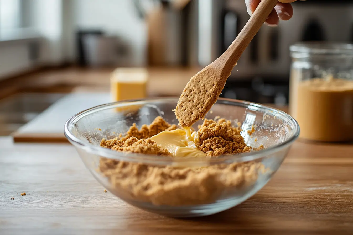 Crushing gluten-free graham crackers in a bowl for the crust