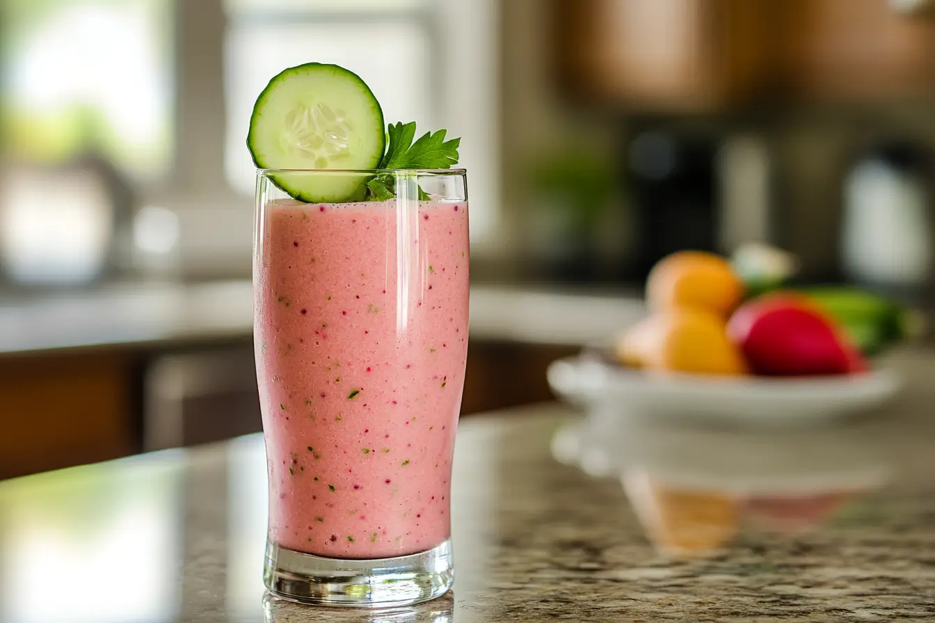 glass of pink radish smoothie garnished