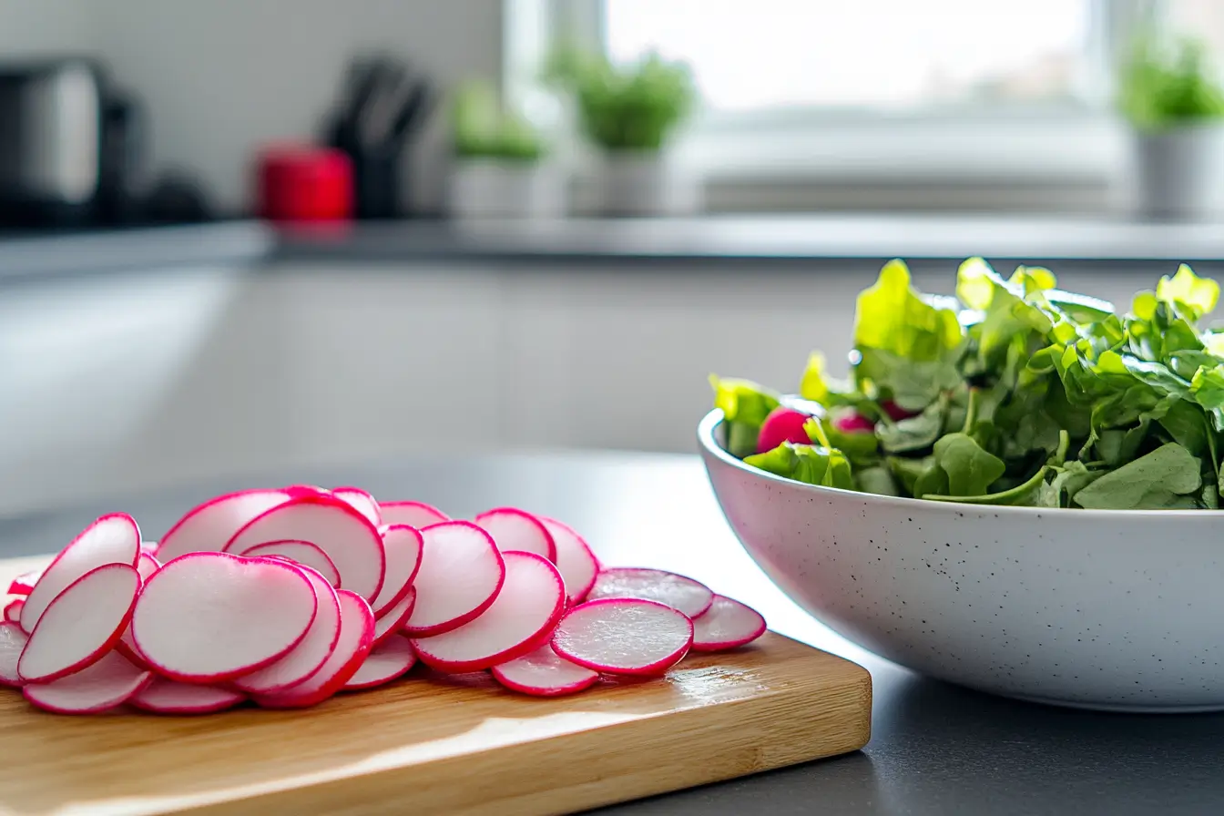 Sliced radishes on a cutting board with a salad bowl