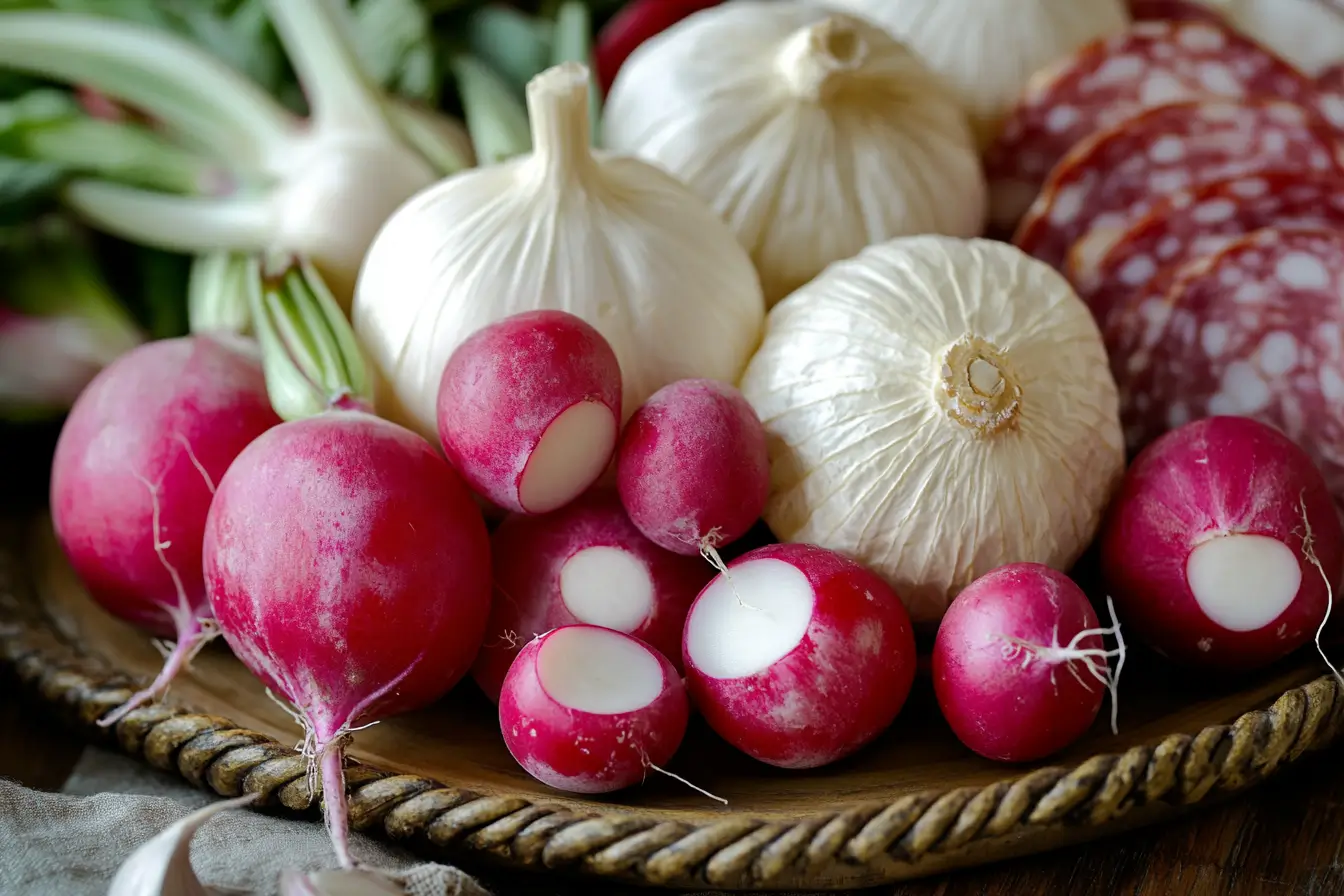 Buttered radishes alongside cheeses and cured meats on a gourmet charcuterie board