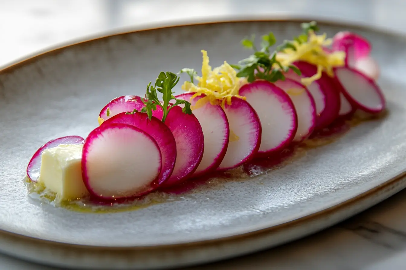 Radishes paired with a dollop of butter and garnished with lemon zest