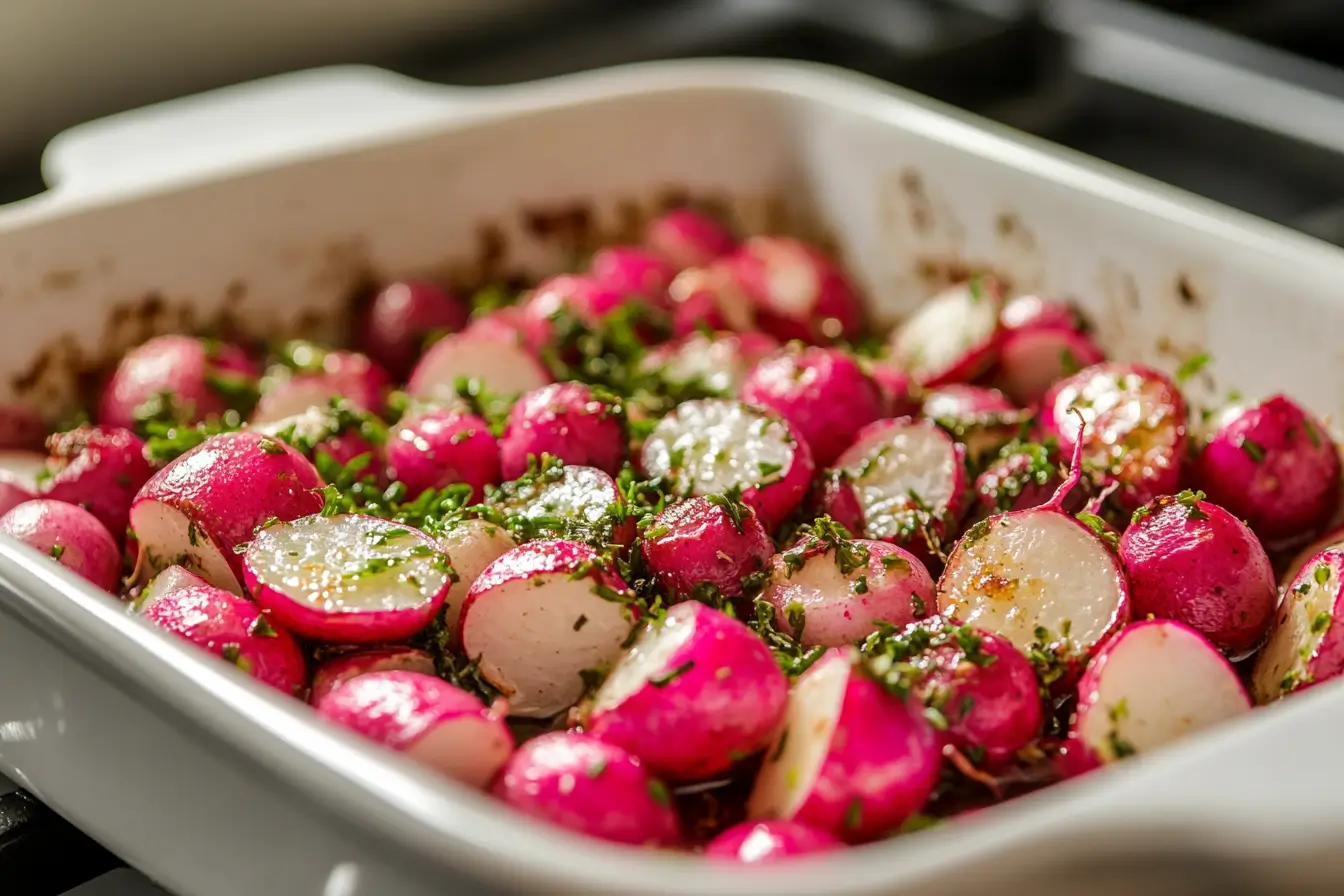 Roasted radishes in a baking dish