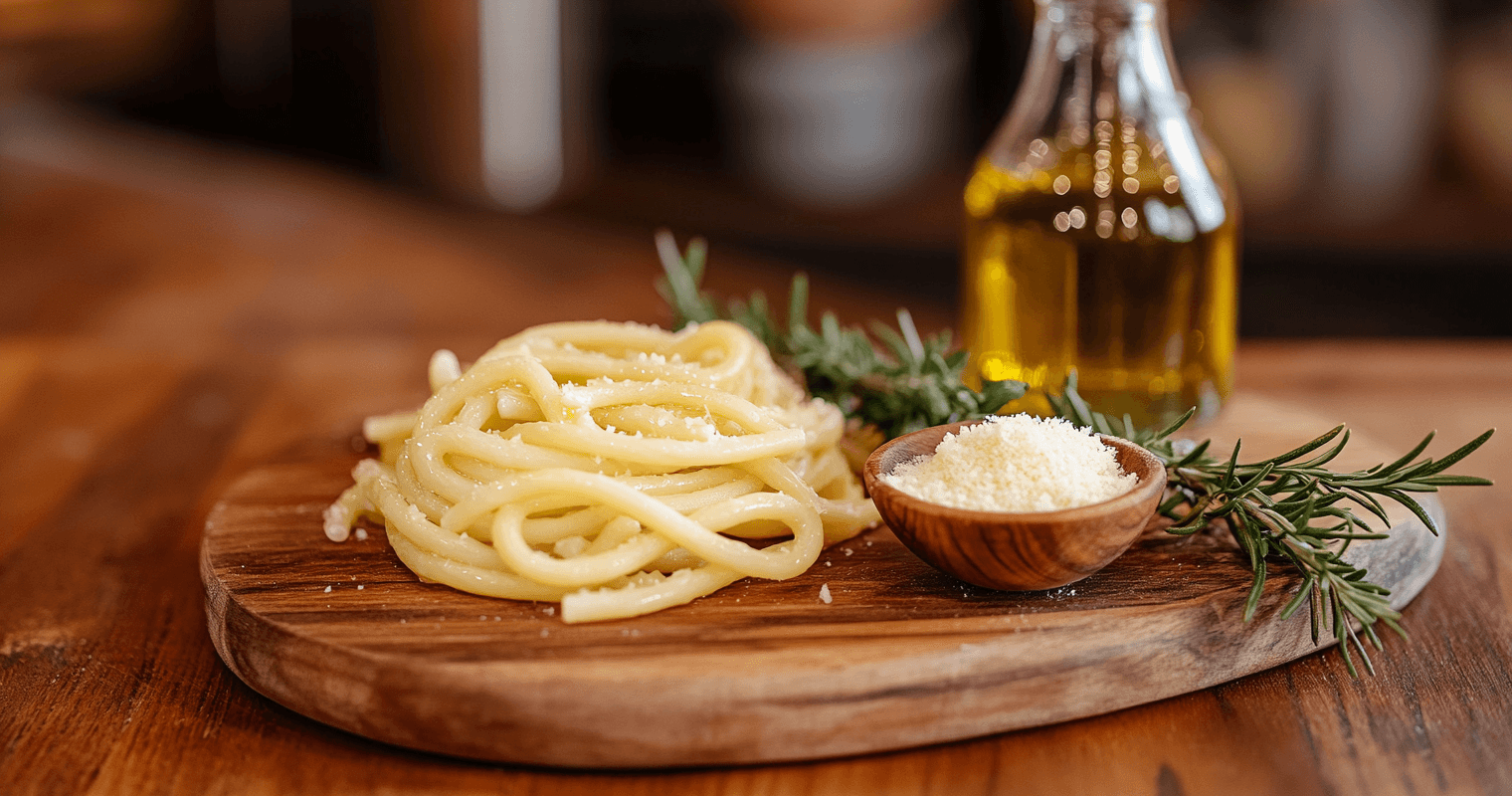 Strozzapreti pasta served on a rustic wooden board with fresh herbs and olive oil.