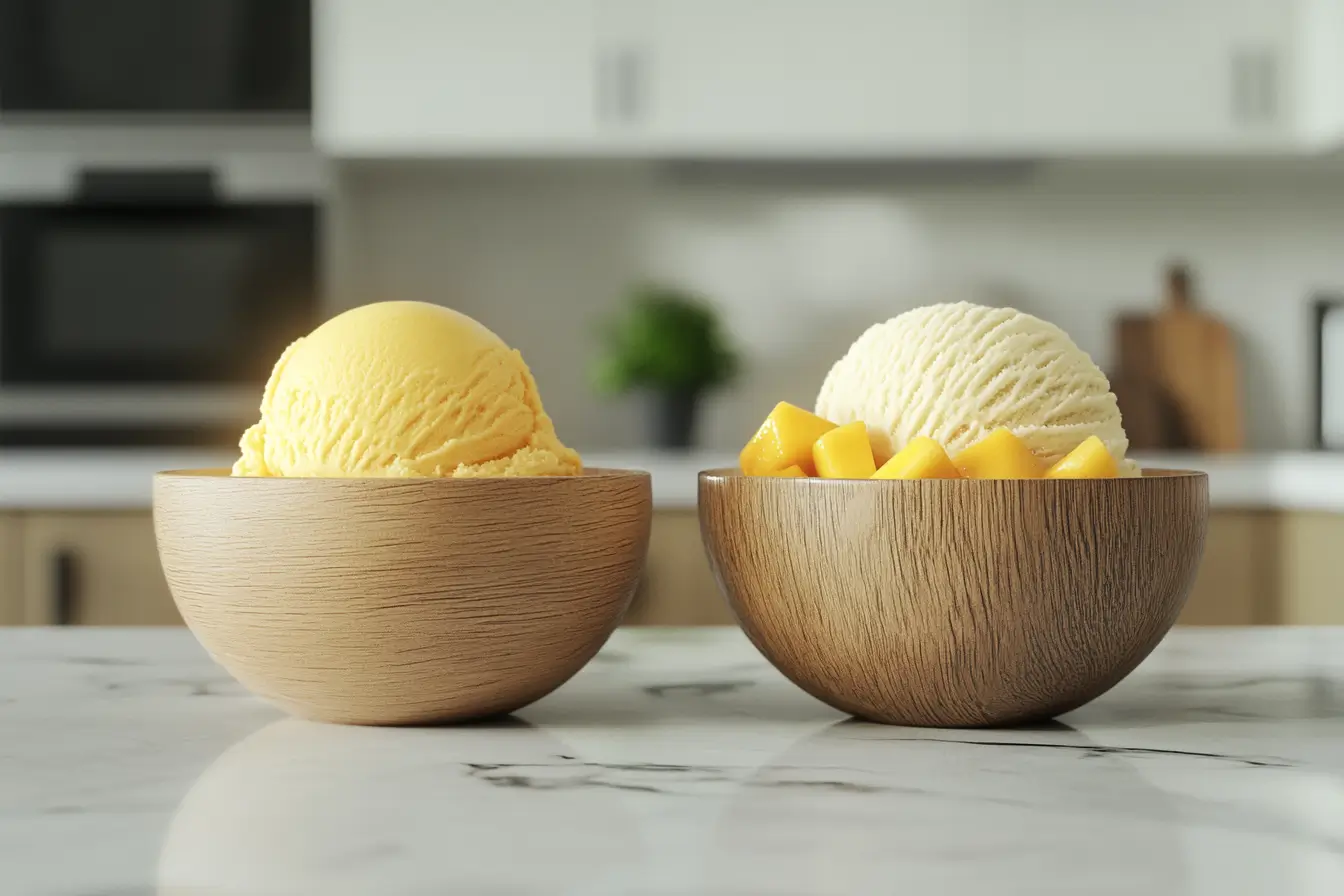 Scoops of creamy vanilla and mango ice cream