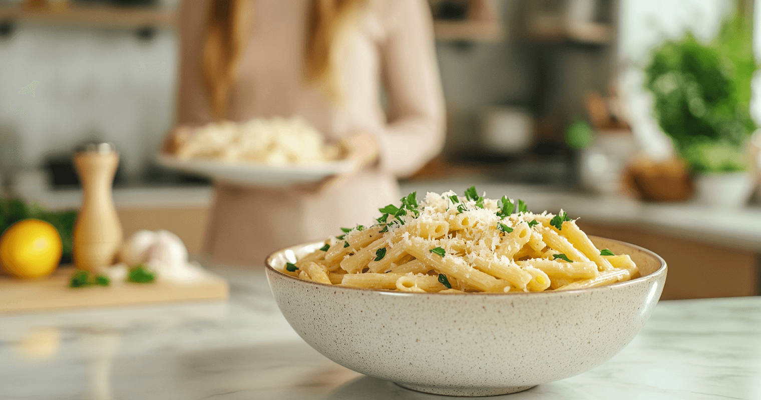 Strozzapreti pasta served in a deep ceramic bowl with a sprinkle of Parmesan and parsley.