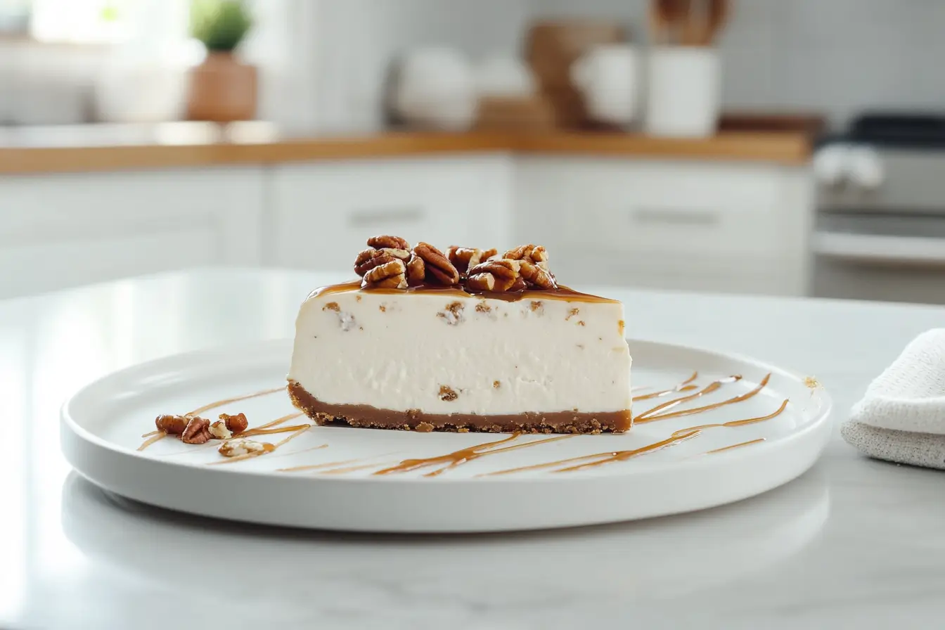 A single slice of praline cheesecake served on a plate