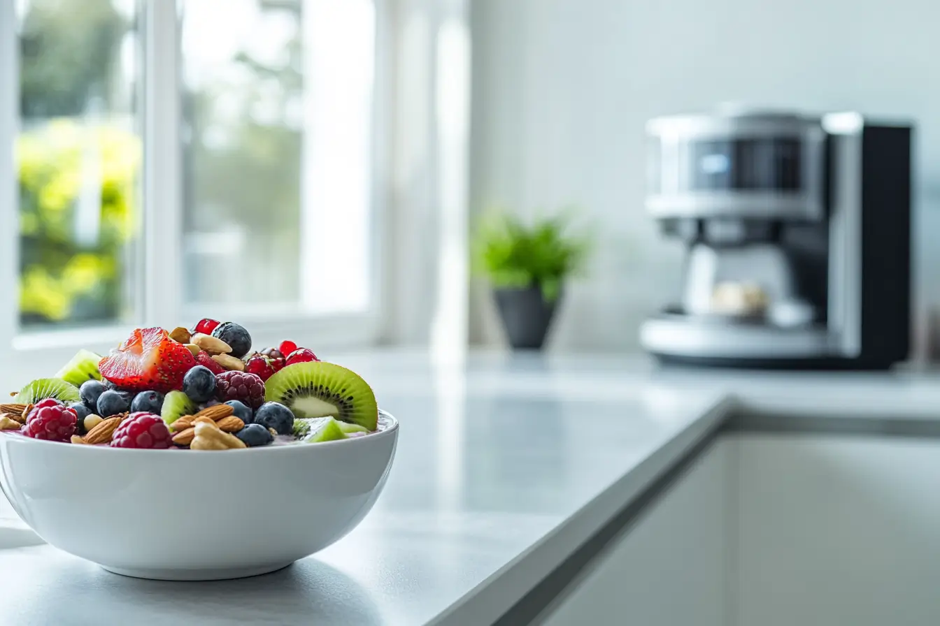 A colorful smoothie bowl with fresh fruit and granola toppings