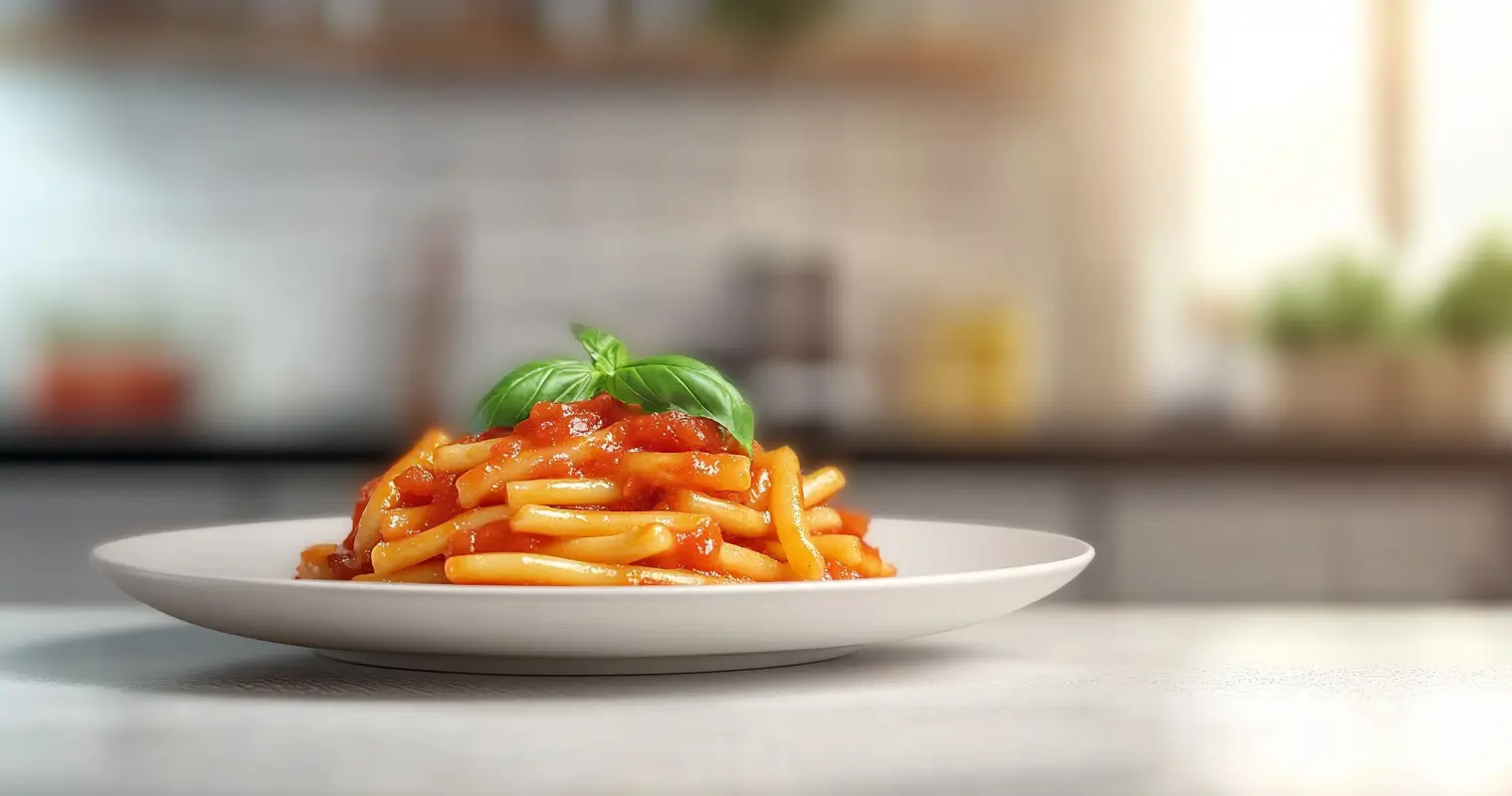 Close-up of Strozzapreti pasta with a rich tomato sauce