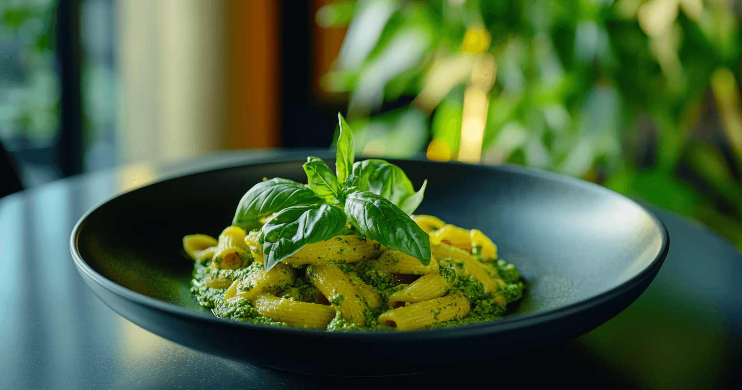 Strozzapreti pasta tossed in pesto sauce, garnished with fresh basil in a ceramic plate.