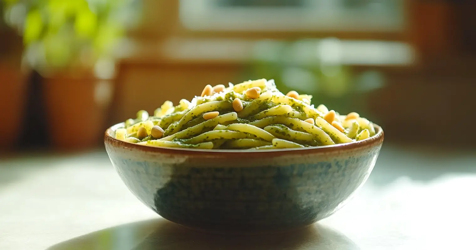 Strozzapreti pasta tossed in fresh basil pesto, served in a deep bowl