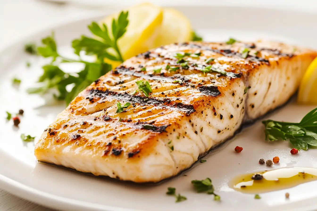 Perfectly plated grilled fish fillet with lemon and herbs on a minimalist plate