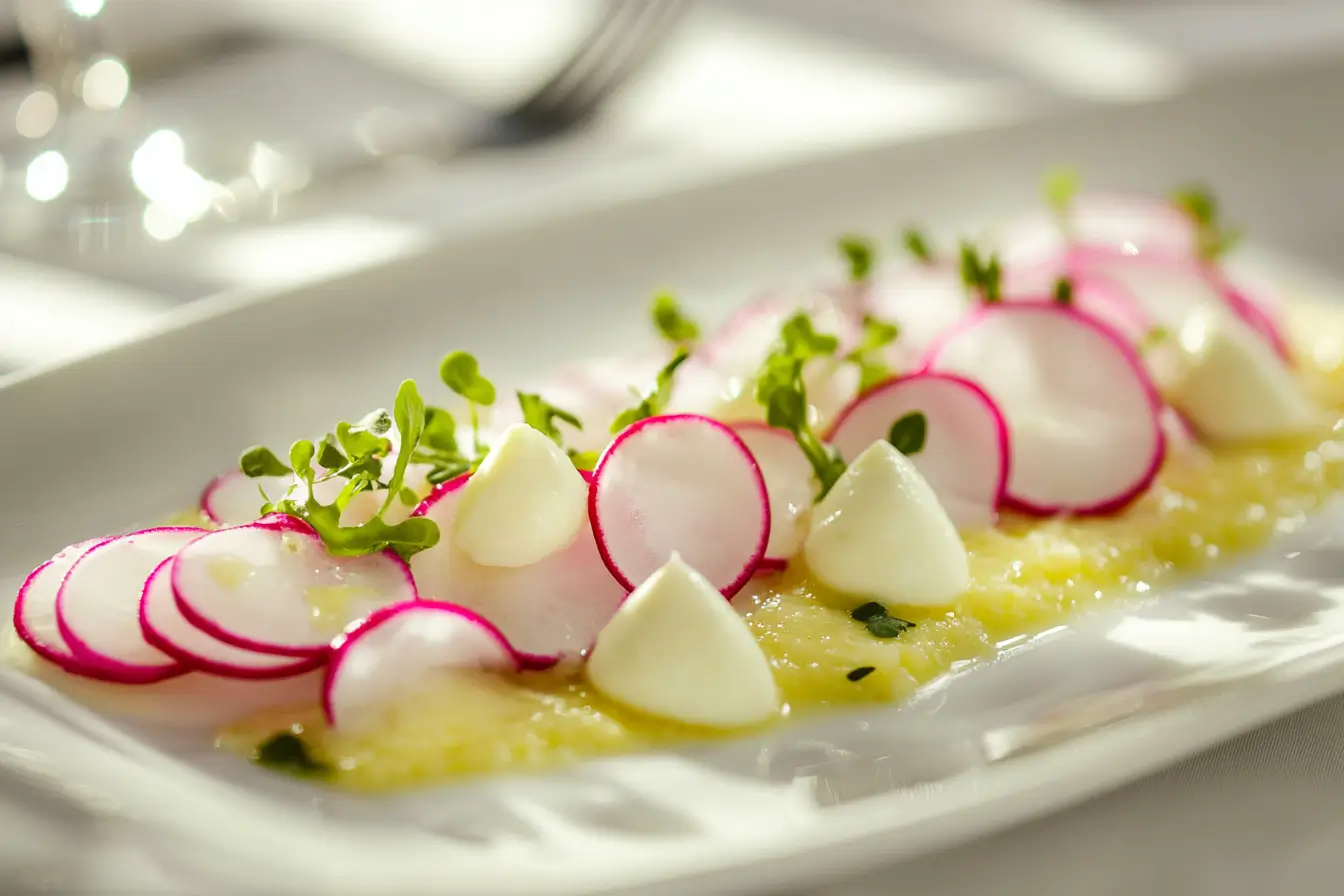 Radishes thinly sliced and paired with butter quenelles