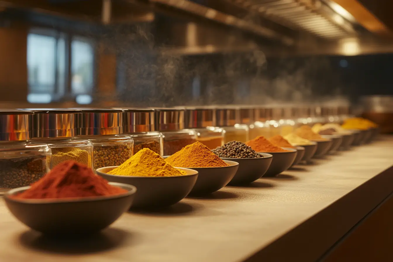 Assorted spices on a modern kitchen countertop