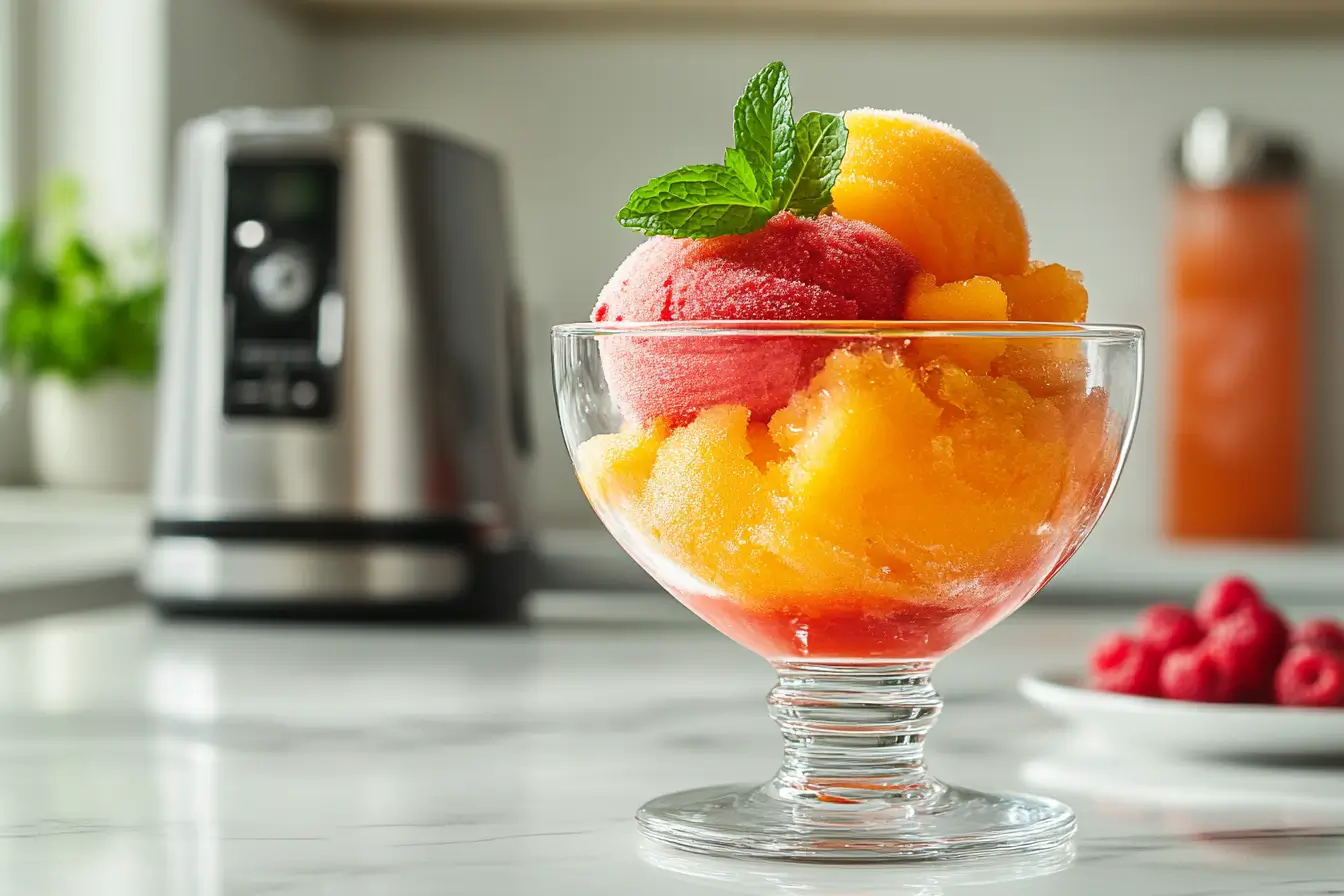 A colorful fruit sorbet served