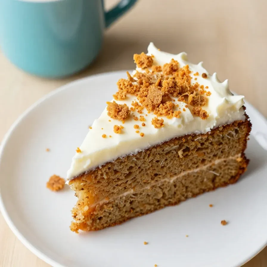 A slice of the world’s best carrot cake topped with cream cheese frosting and a sprinkle of walnuts on a white plate.