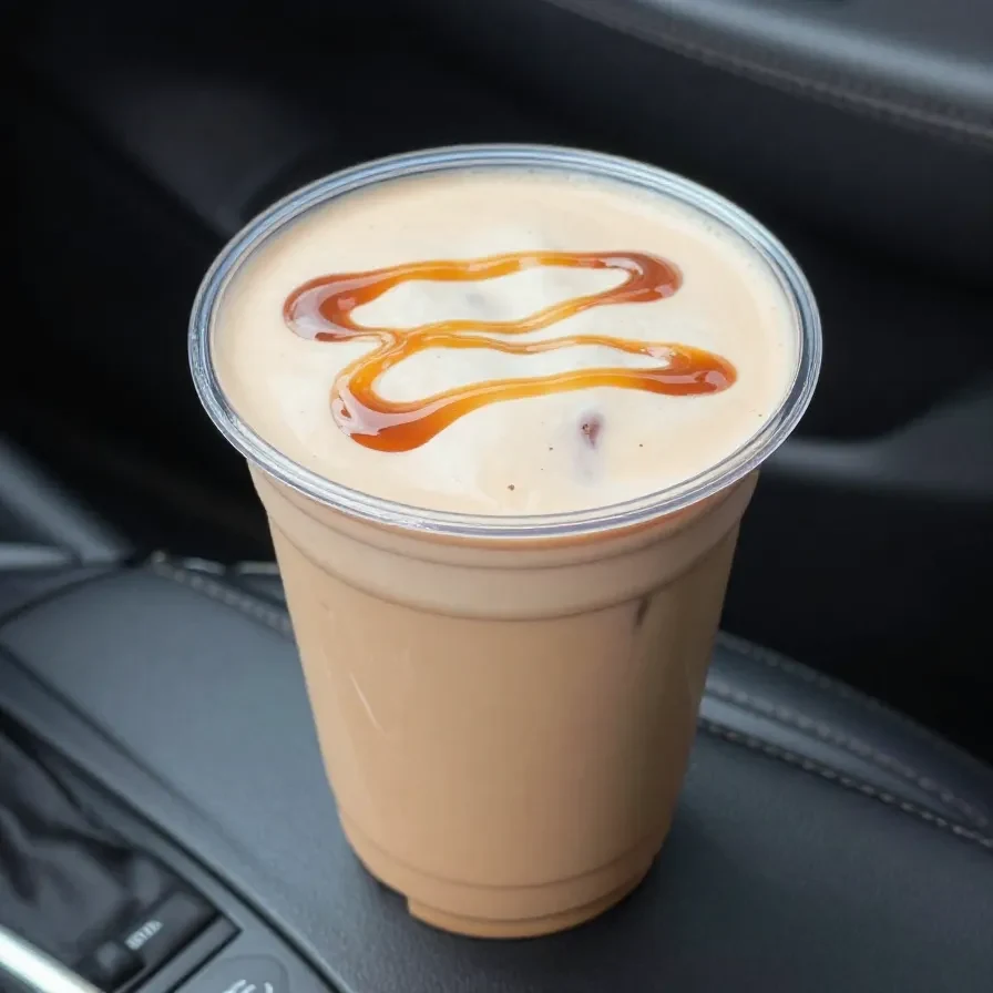 A glass mug filled with caramel pumpkin chai latte topped with pumpkin cold foam and a sprinkle of cinnamon.