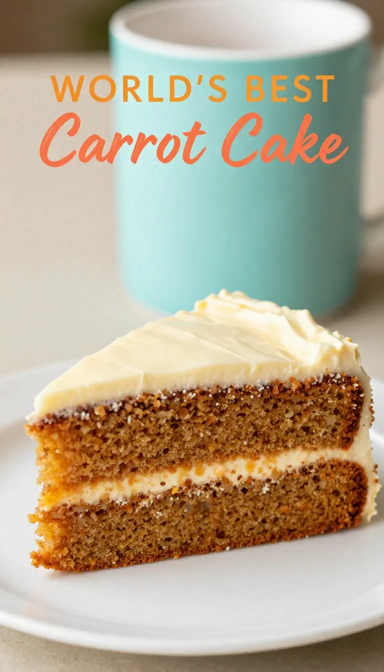A slice of the world’s best carrot cake topped with cream cheese frosting and a sprinkle of walnuts on a white plate.