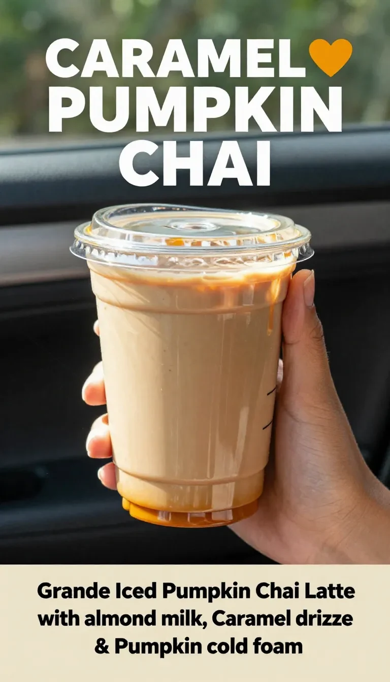 A glass mug filled with caramel pumpkin chai latte topped with pumpkin cold foam and a sprinkle of cinnamon.