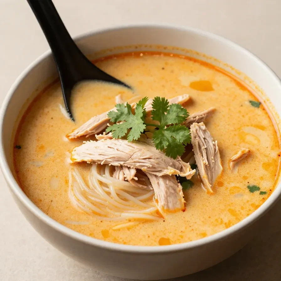 A bowl of easy Thai chicken soup garnished with fresh cilantro and lime wedges.