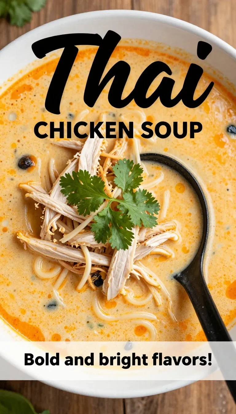 A bowl of easy Thai chicken soup garnished with fresh cilantro and lime wedges.
