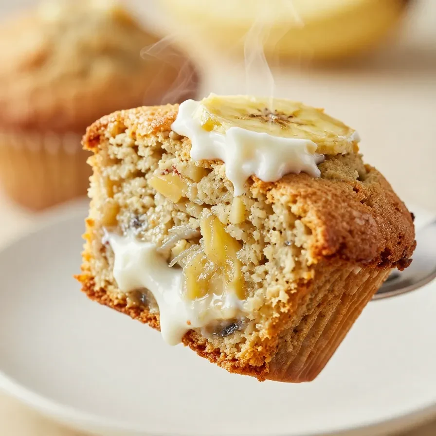 Close-up of high protein banana bread muffins made with Greek yogurt on a wooden table.
