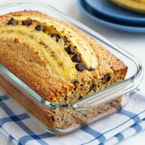 A freshly baked loaf of protein-packed banana bread on a wooden cutting board, surrounded by ripe bananas and a bowl of protein powder.