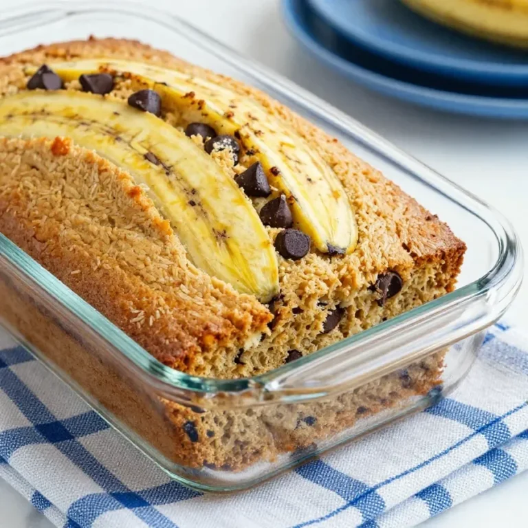 A freshly baked loaf of protein-packed banana bread on a wooden cutting board, surrounded by ripe bananas and a bowl of protein powder.