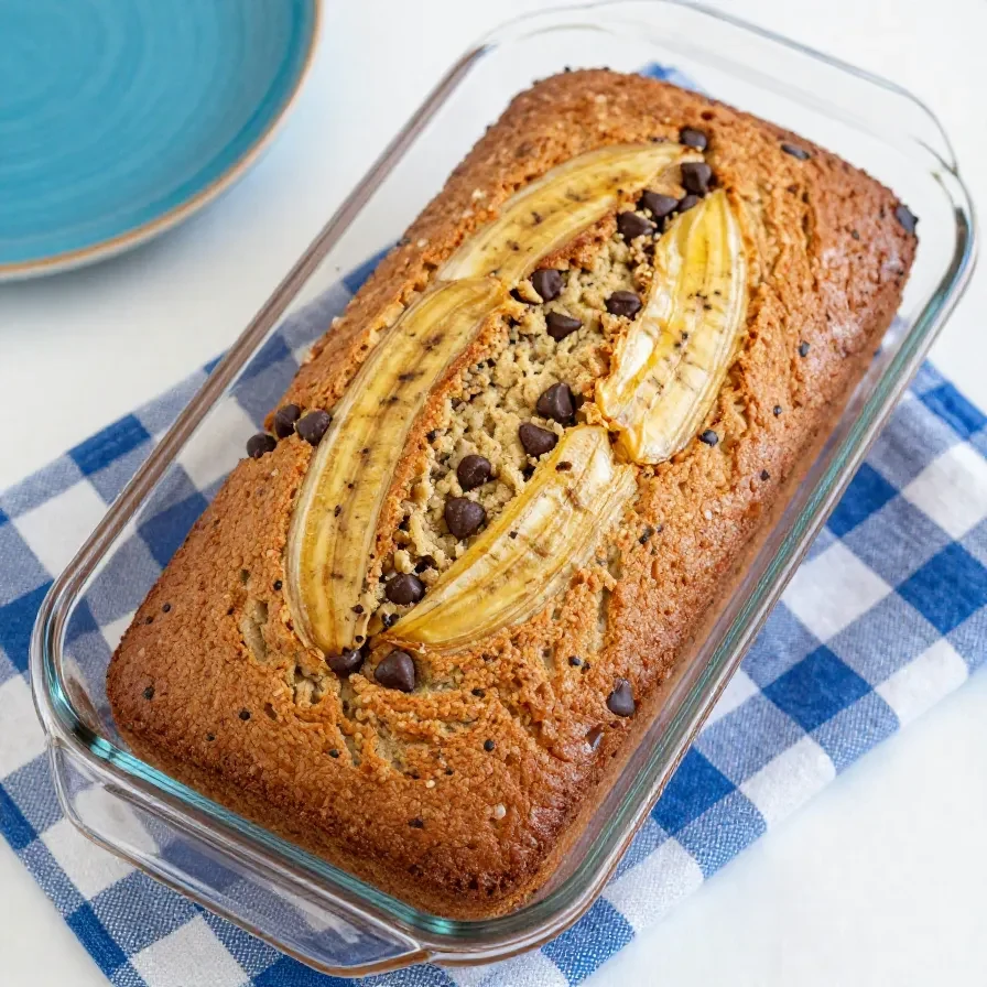 A freshly baked loaf of protein-packed banana bread on a wooden cutting board, surrounded by ripe bananas and a bowl of protein powder.